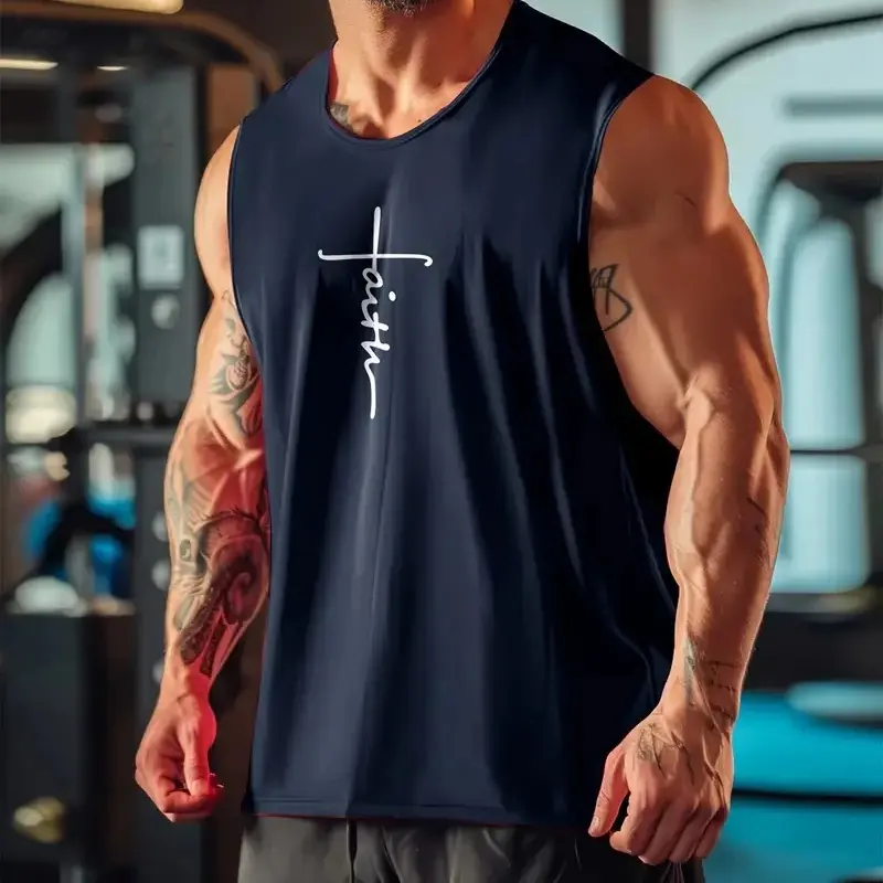 Simple Faith Letters Graphic Sports Vest For Men Fashion Trend Fitness 3D Printed Tank Tops Loose Breathable Quick Dry Gym Tops