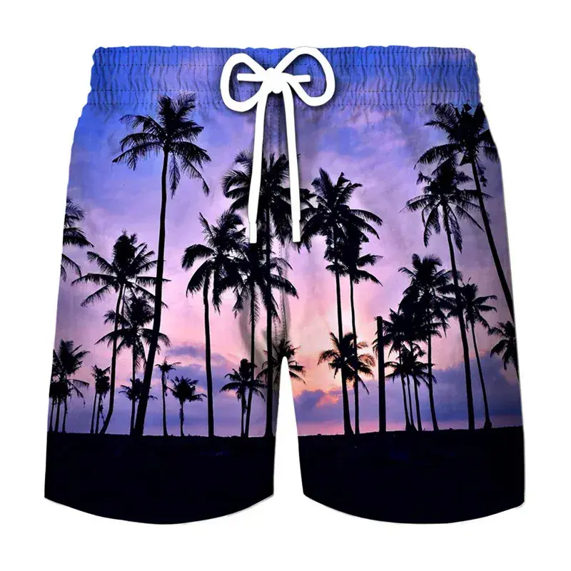 New In Coconut Tree Graphic Swim Trunks Summer Casual Holiday Vacation 3D Printed Beach Shorts Cool Oversized Mens Board Shorts