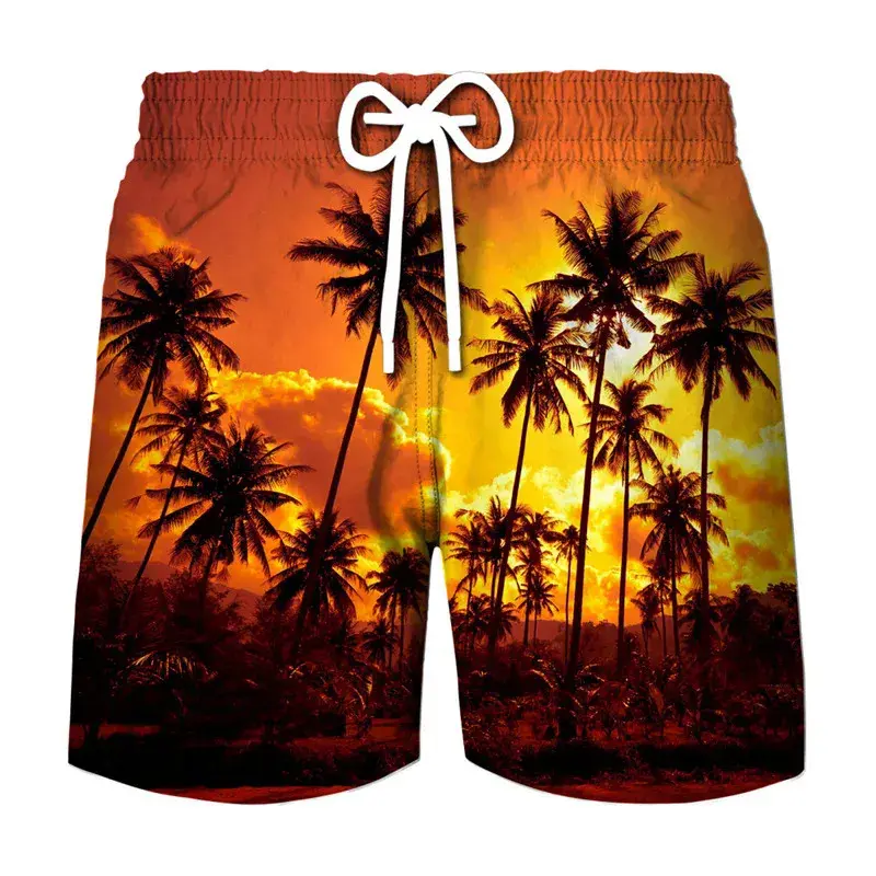 New In Coconut Tree Graphic Swim Trunks Summer Casual Holiday Vacation 3D Printed Beach Shorts Cool Oversized Mens Board Shorts