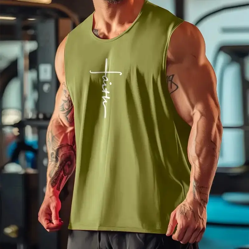 Simple Faith Letters Graphic Sports Vest For Men Fashion Trend Fitness 3D Printed Tank Tops Loose Breathable Quick Dry Gym Tops