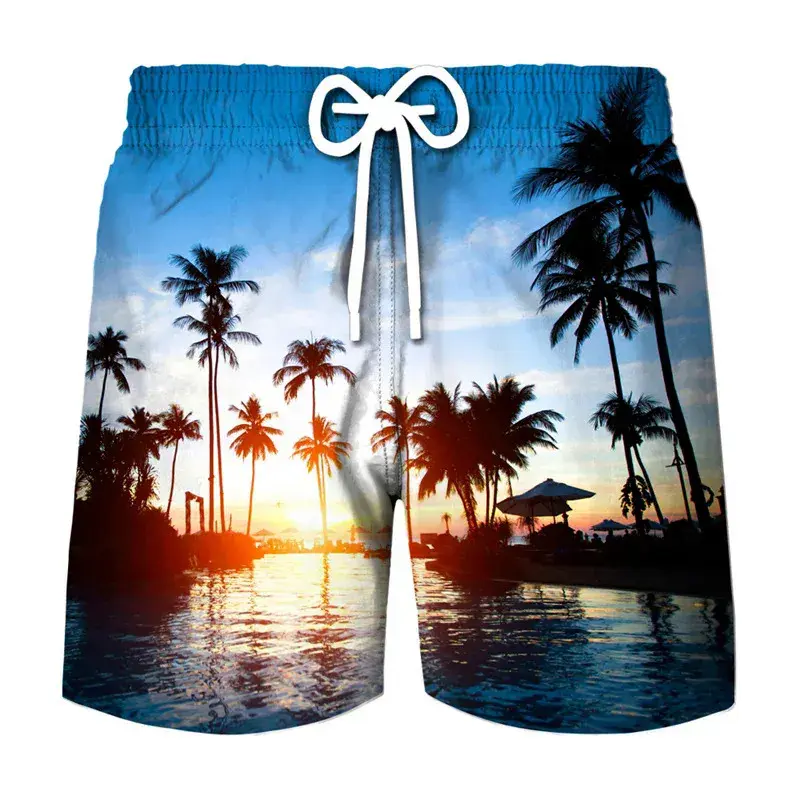 New In Coconut Tree Graphic Swim Trunks Summer Casual Holiday Vacation 3D Printed Beach Shorts Cool Oversized Mens Board Shorts