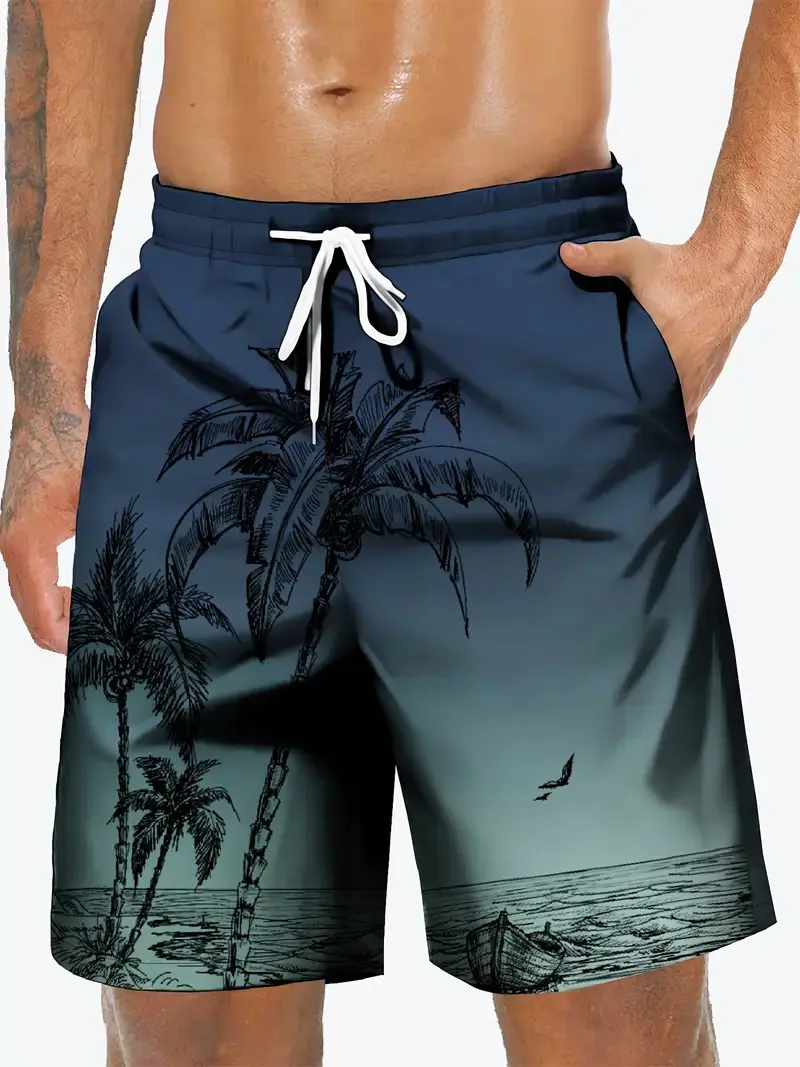 Coconut Tree Graphic Swimwear Shorts Fashion Summer Beach Vacation 3D Printed Mens Short Pants Loose Breathable Beach Shorts