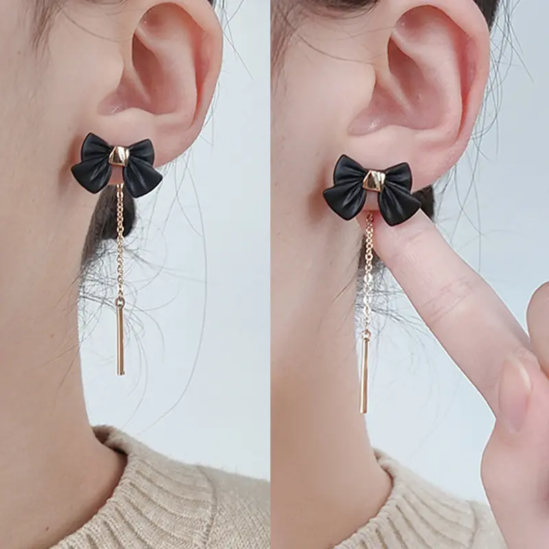 Romantic Black Charms Bow Knot Drop Earrings for Women Party Metal Single Chain Tassel Long Earrings Korean Fashion Jewelry