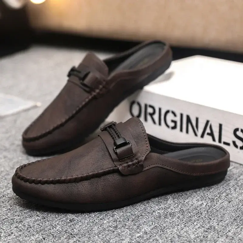 Leather Men Half Slippers Summer Breathable Mens Casual Shoes Slip-on Lazy Driving Shoes Comfortable Walking Loafers Moccasins
