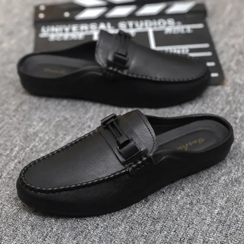 Leather Men Half Slippers Summer Breathable Mens Casual Shoes Slip-on Lazy Driving Shoes Comfortable Walking Loafers Moccasins