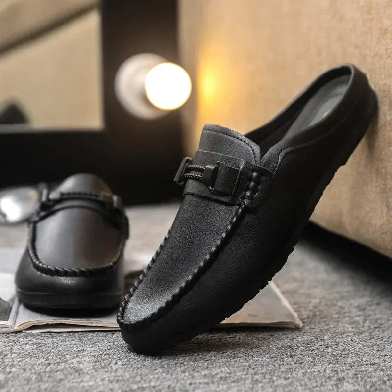 Leather Men Half Slippers Summer Breathable Mens Casual Shoes Slip-on Lazy Driving Shoes Comfortable Walking Loafers Moccasins