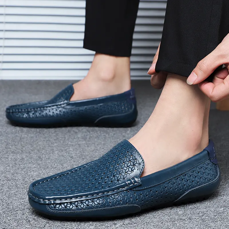 Men Casual Shoes Luxury Brand Summer Genuine Leather Mens Loafers Moccasins Hollow Out Breathable Slip on Driving Shoes BTMOTTZ