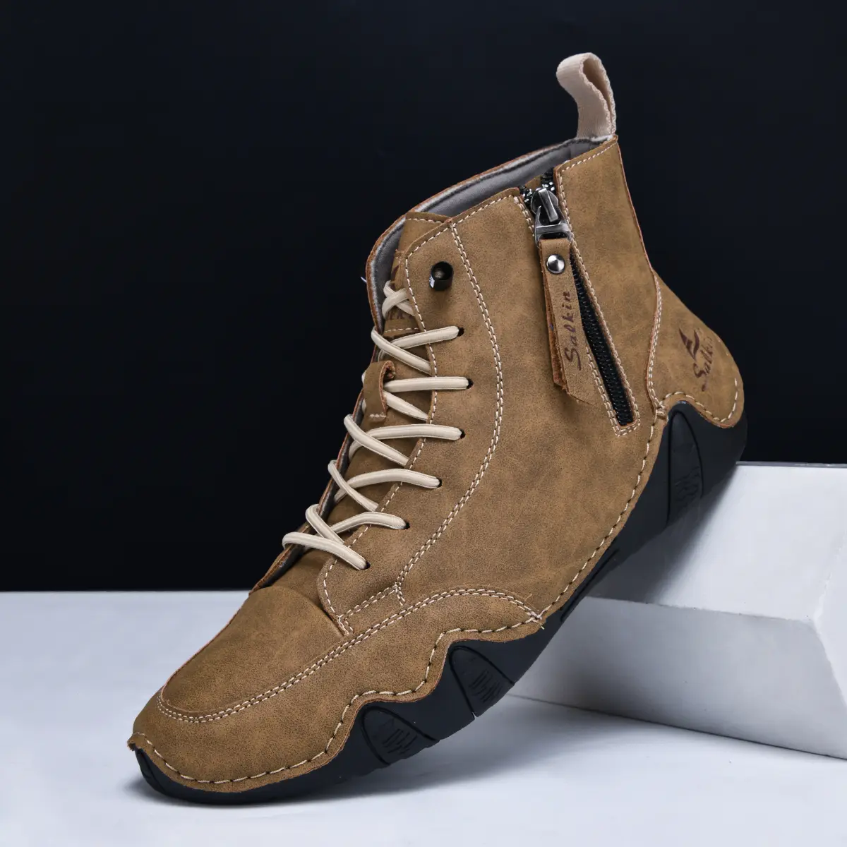 New 2025 Handmade Men's Casual Shoes Sneakers Ankle Boots Leather Side Zipper Comfortable Breathable Anti-Slip Outdoor Walking
