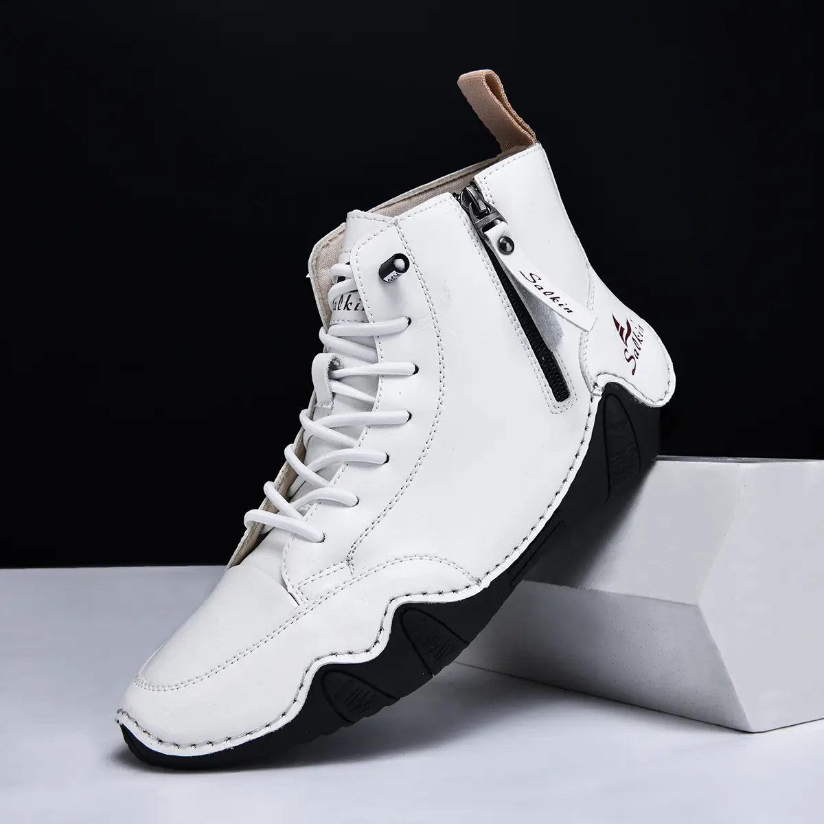 New 2025 Handmade Men's Casual Shoes Sneakers Ankle Boots Leather Side Zipper Comfortable Breathable Anti-Slip Outdoor Walking