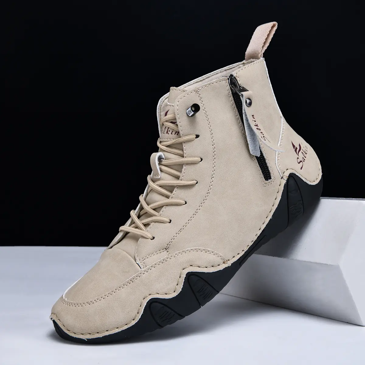 New 2025 Handmade Men's Casual Shoes Sneakers Ankle Boots Leather Side Zipper Comfortable Breathable Anti-Slip Outdoor Walking