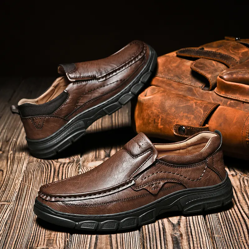 Handmade Leather Men Shoes Casual Outdoor Slip On Loafers Men Leather Shoes Flats Moccasins Walking Shoes Non-Slip Dropshipping