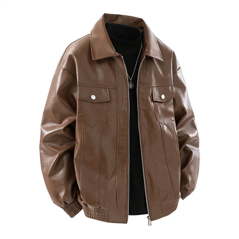 Men's Jacket Stand Collar Casual Travel Multi Pocket Leather Motorcycle Jacket Waterproof Windbreaker Autumn Riding Outerwear