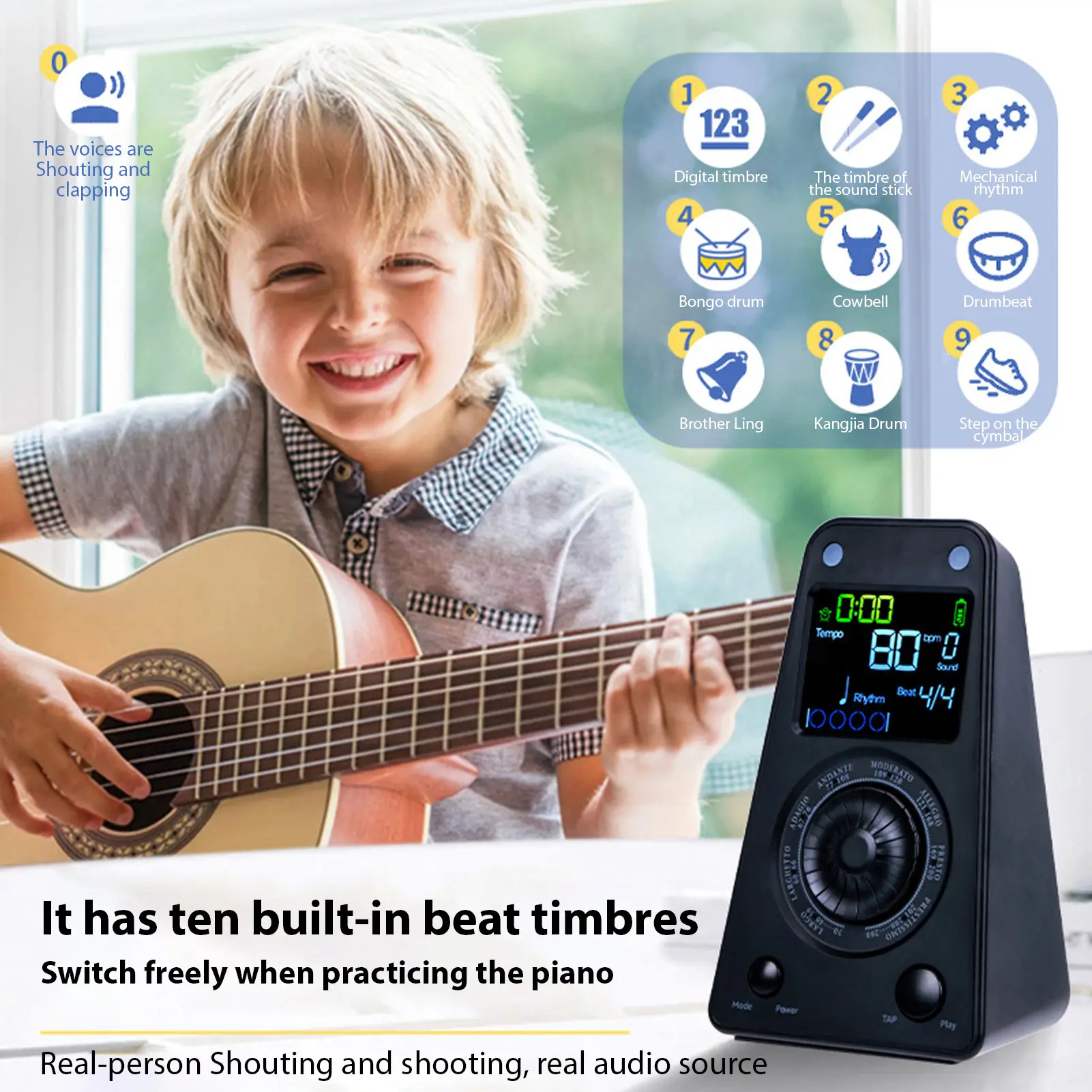 Electronic Metronome BT Rechargeable Vocal Digital Metronome Timer for Piano Guitar Drum Guzheng Adjustable Volume 8 Rhythms