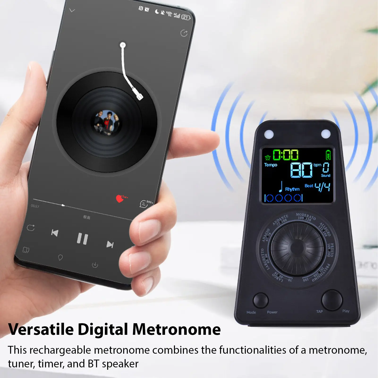 Electronic Metronome BT Rechargeable Vocal Digital Metronome Timer for Piano Guitar Drum Guzheng Adjustable Volume 8 Rhythms