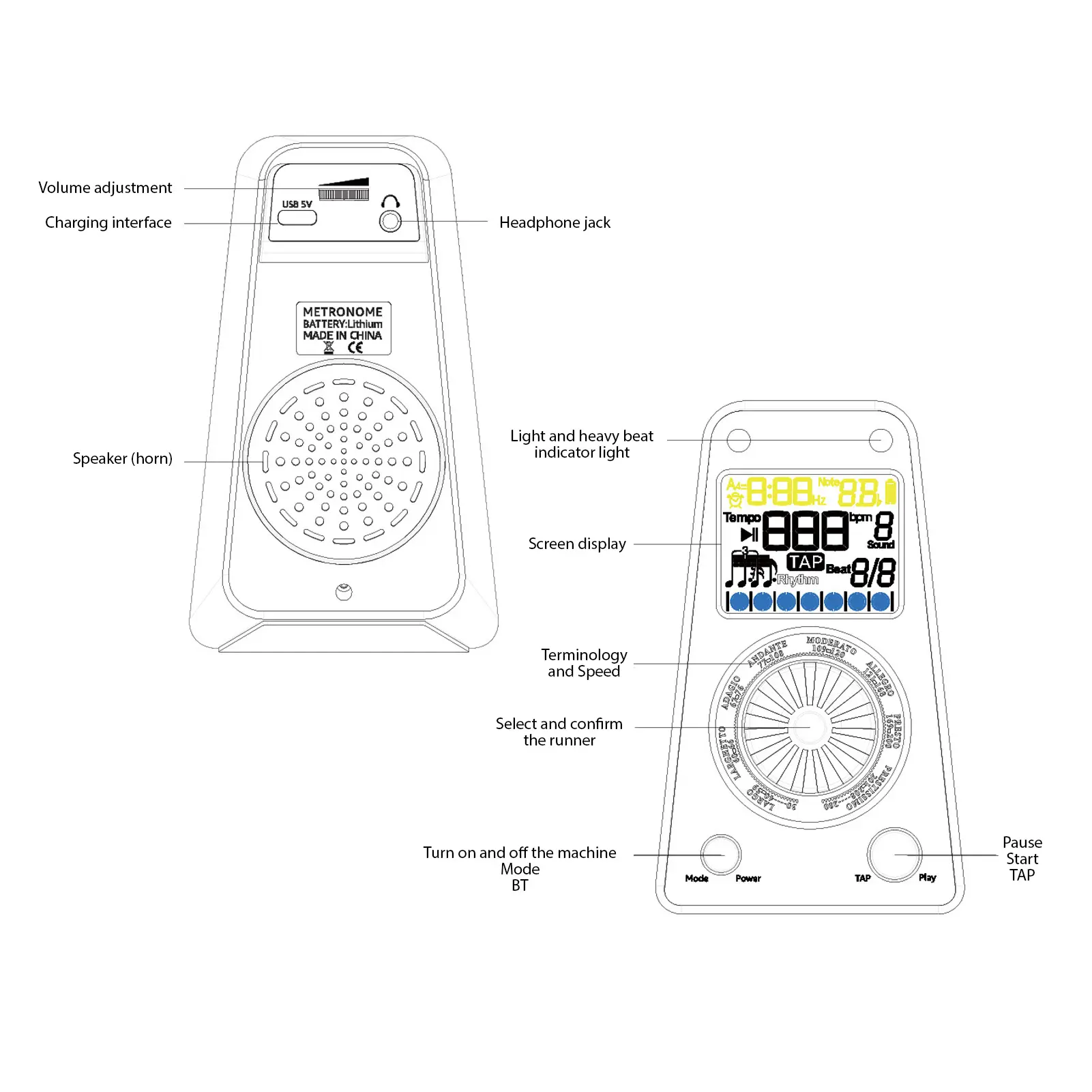 Electronic Metronome BT Rechargeable Vocal Digital Metronome Timer for Piano Guitar Drum Guzheng Adjustable Volume 8 Rhythms