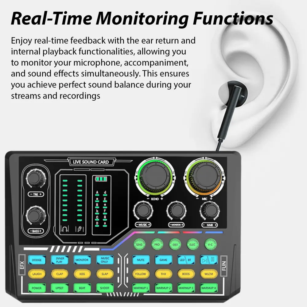 Audio Mixer Audio Interface RGB Light BT Wireless Accompaniment Plug and Play Rechargeable Sound Card Mixer Musical Accessories