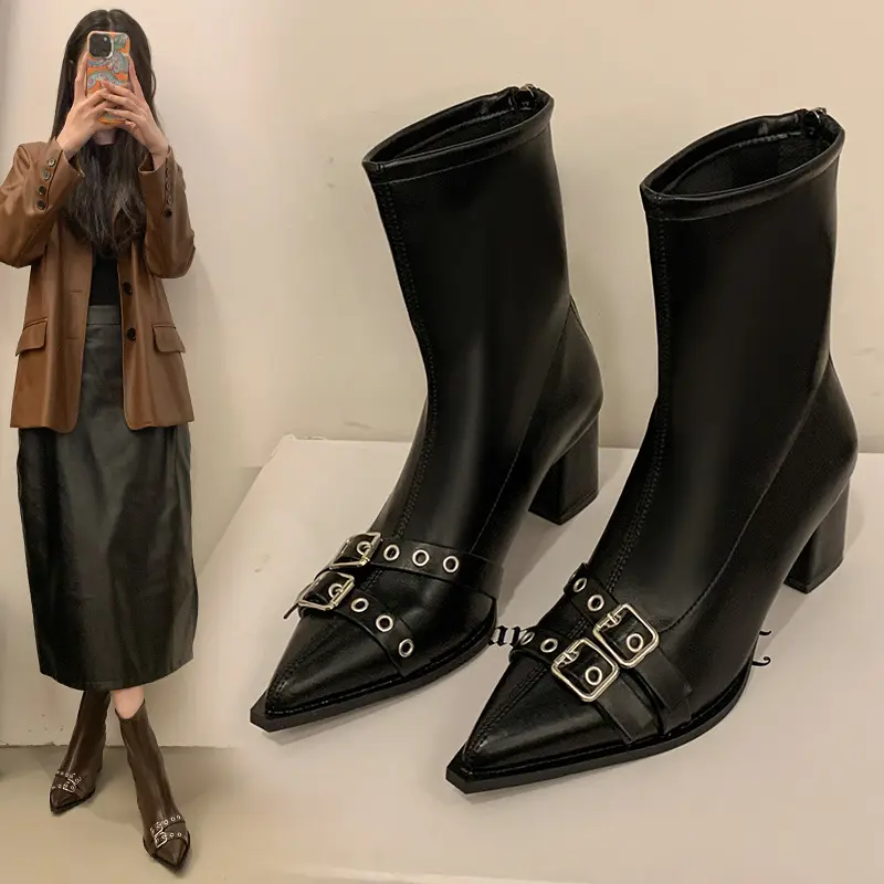 Women Pointed Thick Ankle Boots Autumn Winter Comfortable Soft Leather Short Boots Woman2025 Solid Color Slip on Botas Mujer