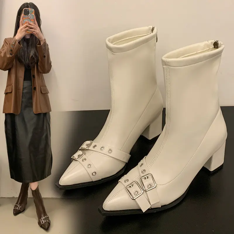 Women Pointed Thick Ankle Boots Autumn Winter Comfortable Soft Leather Short Boots Woman2025 Solid Color Slip on Botas Mujer
