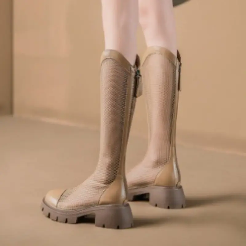 Women Summer Knee-high Mesh High Boots Female Breathable Platform Mesh Lace-up Knight Boots Thick Heel Hollow Long Knight 2025