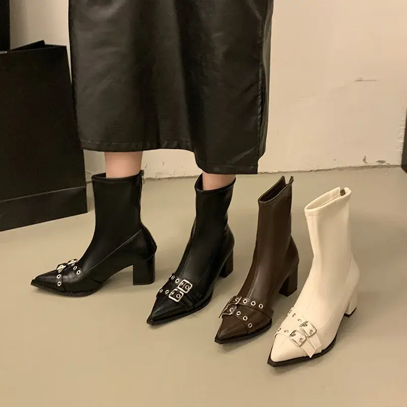 Women Pointed Thick Ankle Boots Autumn Winter Comfortable Soft Leather Short Boots Woman2025 Solid Color Slip on Botas Mujer