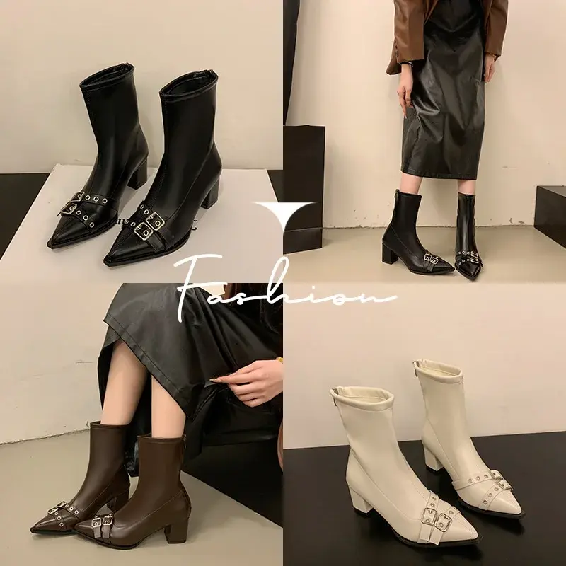 Women Pointed Thick Ankle Boots Autumn Winter Comfortable Soft Leather Short Boots Woman2025 Solid Color Slip on Botas Mujer
