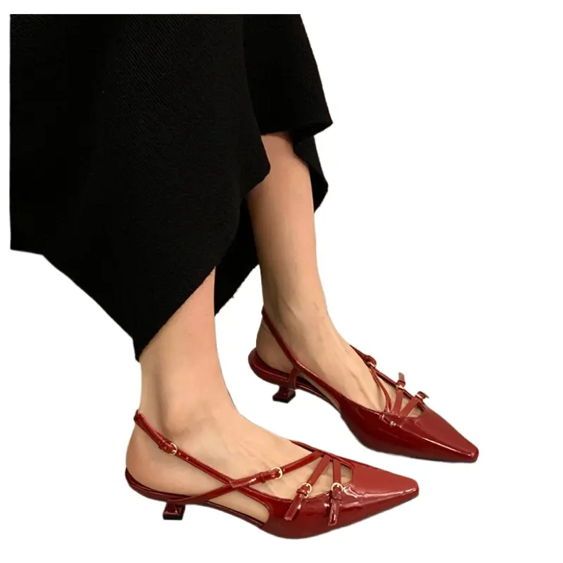 Summer Women's Dress Shoes Pointed Toe Sandals Buckle Slingbacks Mid Heels Pumps Patent Leather Slip on Zapatos Mujer