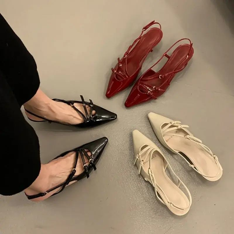Summer Women's Dress Shoes Pointed Toe Sandals Buckle Slingbacks Mid Heels Pumps Patent Leather Slip on Zapatos Mujer