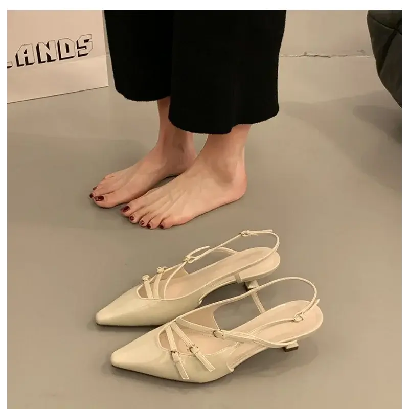 Summer Women's Dress Shoes Pointed Toe Sandals Buckle Slingbacks Mid Heels Pumps Patent Leather Slip on Zapatos Mujer