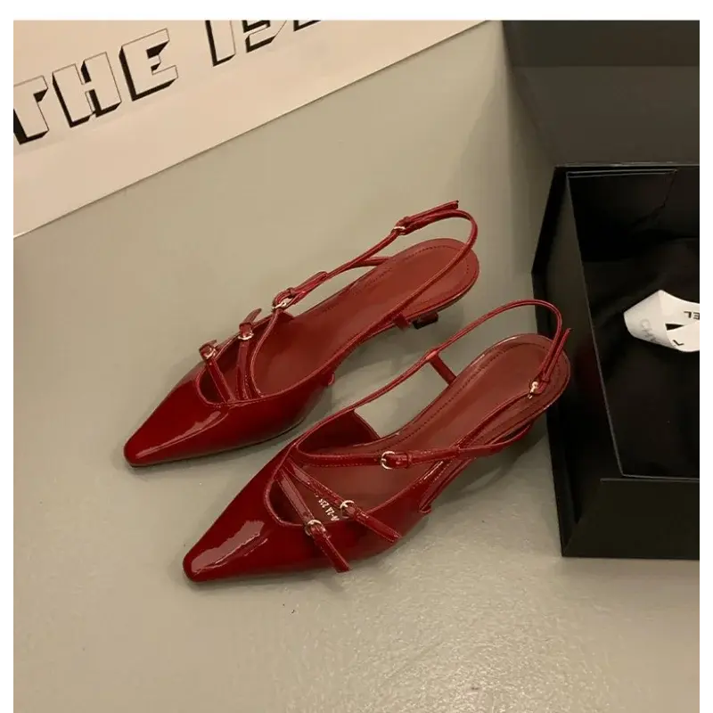 Summer Women's Dress Shoes Pointed Toe Sandals Buckle Slingbacks Mid Heels Pumps Patent Leather Slip on Zapatos Mujer
