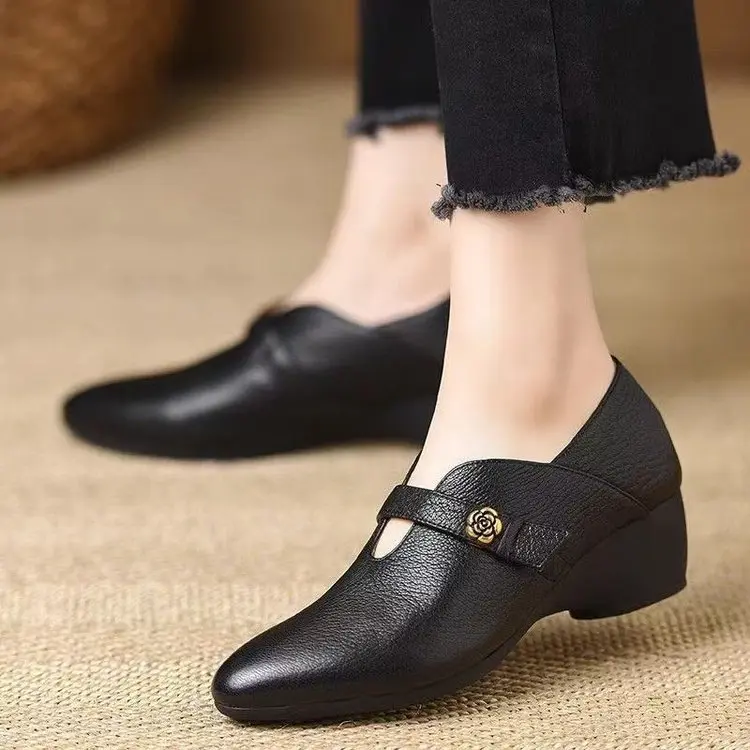 Women Mary Jane Shoes 2025 New Fashion Height Increase Soft Sole Leather Shoes Comfortable Outdoor Non Slip Middle Heel Shoes