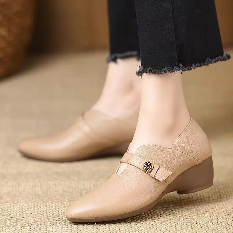 Women Mary Jane Shoes 2025 New Fashion Height Increase Soft Sole Leather Shoes Comfortable Outdoor Non Slip Middle Heel Shoes