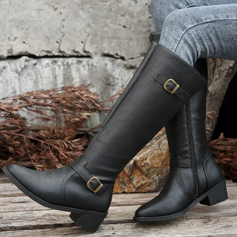 Woman Thick Heeled Long Boots Autumn Winter Pu Leather Mid Calf Boots Woman Fashion Buckle Strap Side Zipper Motorcycle Boots