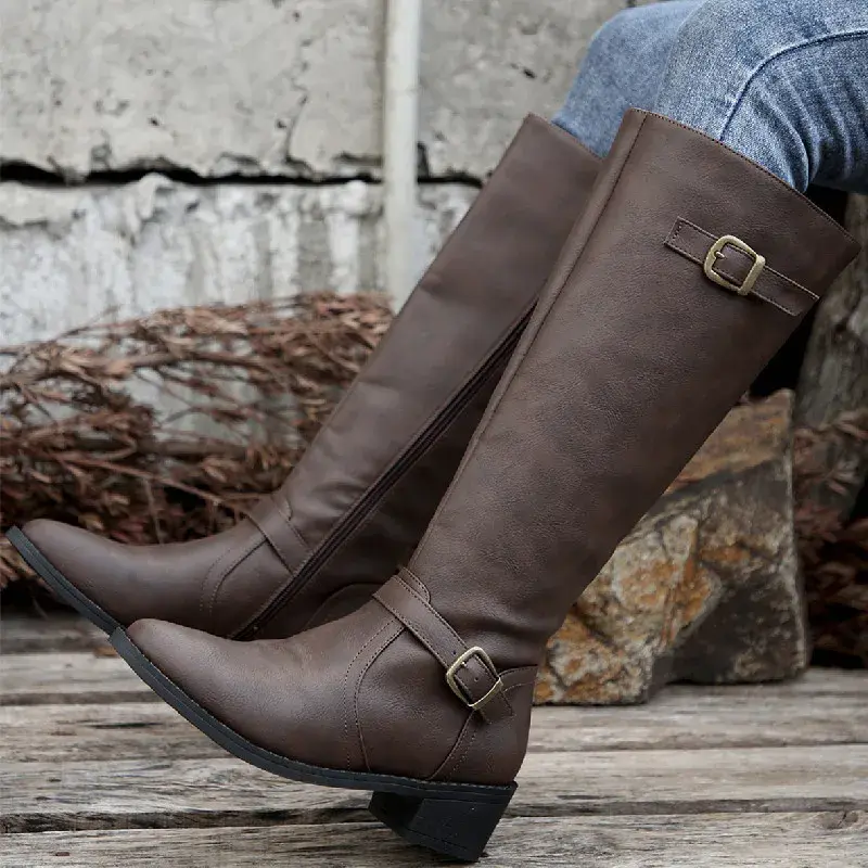 Woman Thick Heeled Long Boots Autumn Winter Pu Leather Mid Calf Boots Woman Fashion Buckle Strap Side Zipper Motorcycle Boots