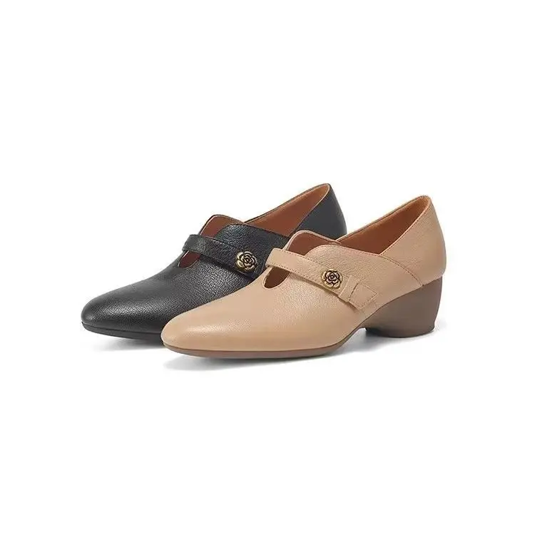 Women Mary Jane Shoes 2025 New Fashion Height Increase Soft Sole Leather Shoes Comfortable Outdoor Non Slip Middle Heel Shoes