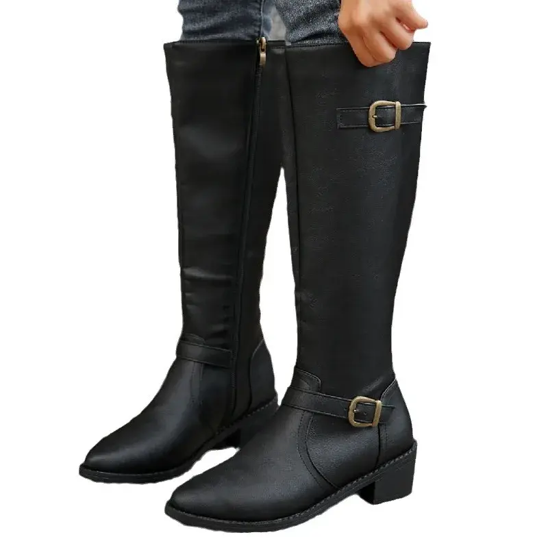 Woman Thick Heeled Long Boots Autumn Winter Pu Leather Mid Calf Boots Woman Fashion Buckle Strap Side Zipper Motorcycle Boots