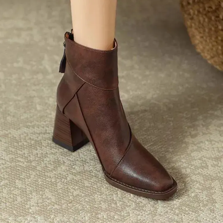 Woman Chunky Ankle Boots Women Zipper Retro Brown Soft Leather Short Boot Autumn New Square Toe Casual High Heel Booties Mujer