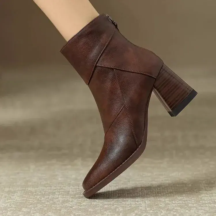 Woman Chunky Ankle Boots Women Zipper Retro Brown Soft Leather Short Boot Autumn New Square Toe Casual High Heel Booties Mujer