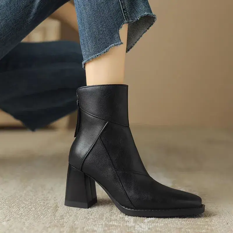 Woman Chunky Ankle Boots Women Zipper Retro Brown Soft Leather Short Boot Autumn New Square Toe Casual High Heel Booties Mujer