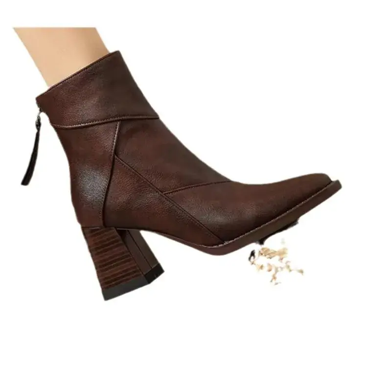 Woman Chunky Ankle Boots Women Zipper Retro Brown Soft Leather Short Boot Autumn New Square Toe Casual High Heel Booties Mujer