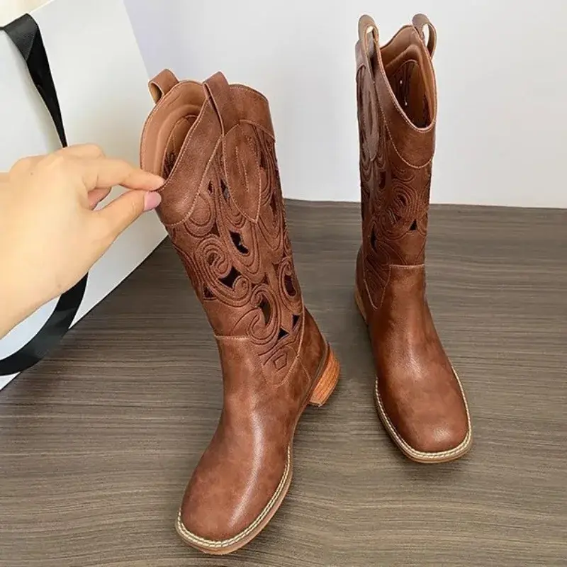 Hollow Embroidered Vintage Western Boots Women  Autumn Chunky Heels Knee High Cowboy Boots Woman Pu Leather Knight Booties