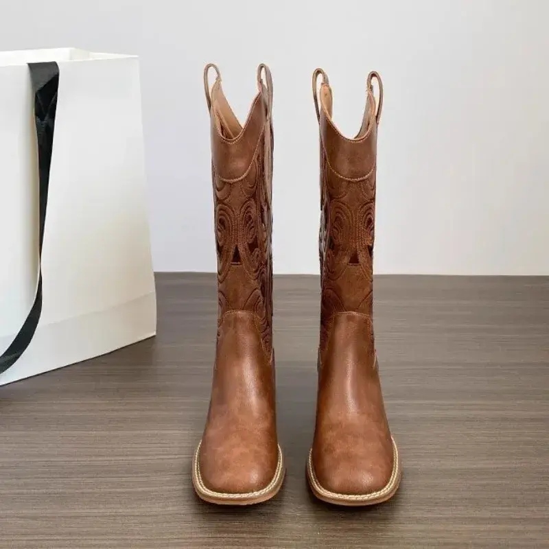 Hollow Embroidered Vintage Western Boots Women  Autumn Chunky Heels Knee High Cowboy Boots Woman Pu Leather Knight Booties