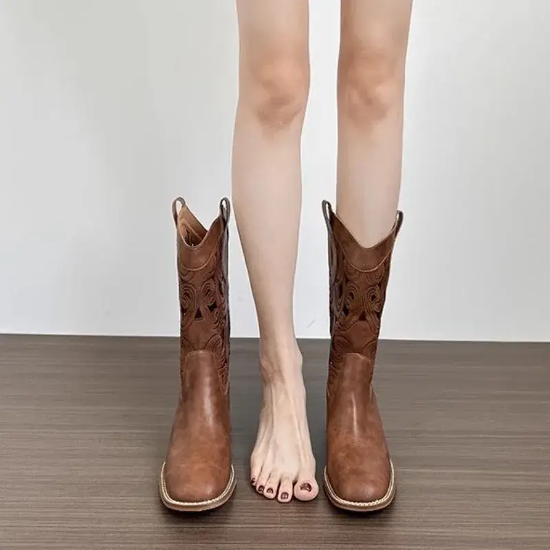 Hollow Embroidered Vintage Western Boots Women  Autumn Chunky Heels Knee High Cowboy Boots Woman Pu Leather Knight Booties