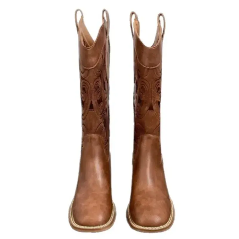 Hollow Embroidered Vintage Western Boots Women  Autumn Chunky Heels Knee High Cowboy Boots Woman Pu Leather Knight Booties