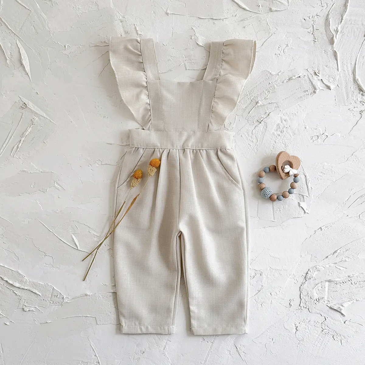 Summer baby clothing ruffled edges beige shoulder straps long pants comfortable casual clothing infants children going out