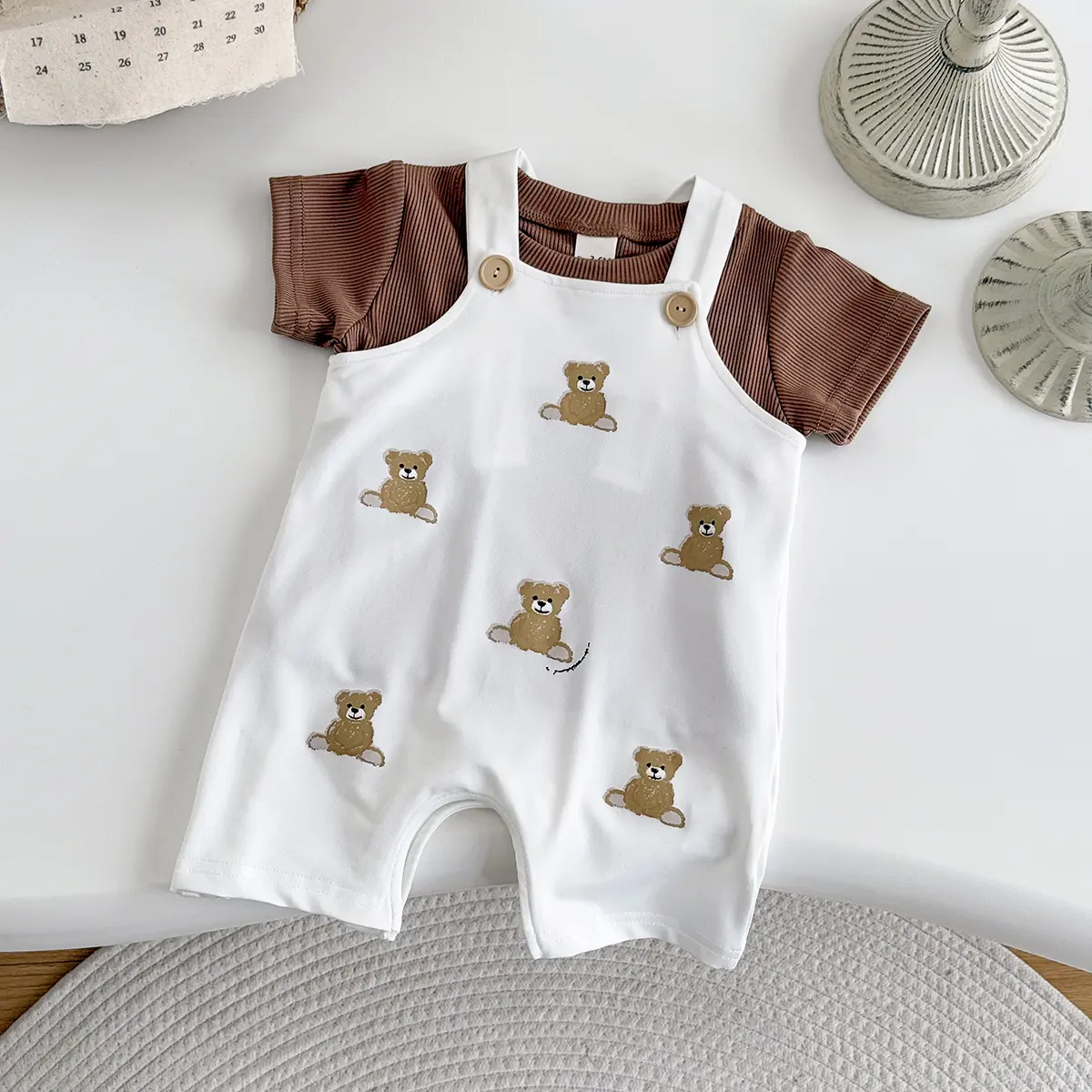 INS Summer Baby Girls Clothes Bear Patchwork Romper Baby Boys Bodysuit Clothes+White T-shirt Newborn 0 to 18 months 2Pcs/Set