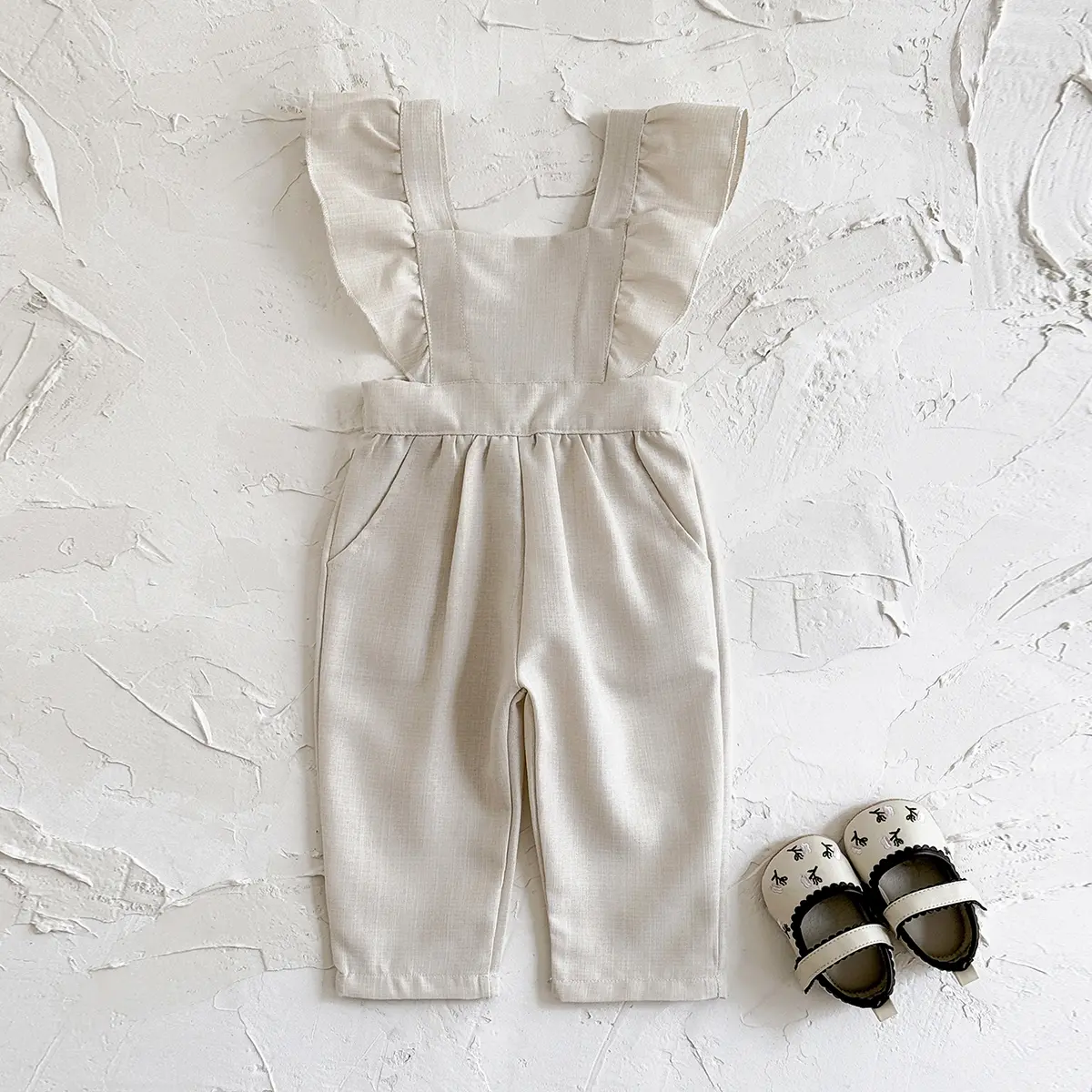 Summer baby clothing ruffled edges beige shoulder straps long pants comfortable casual clothing infants children going out