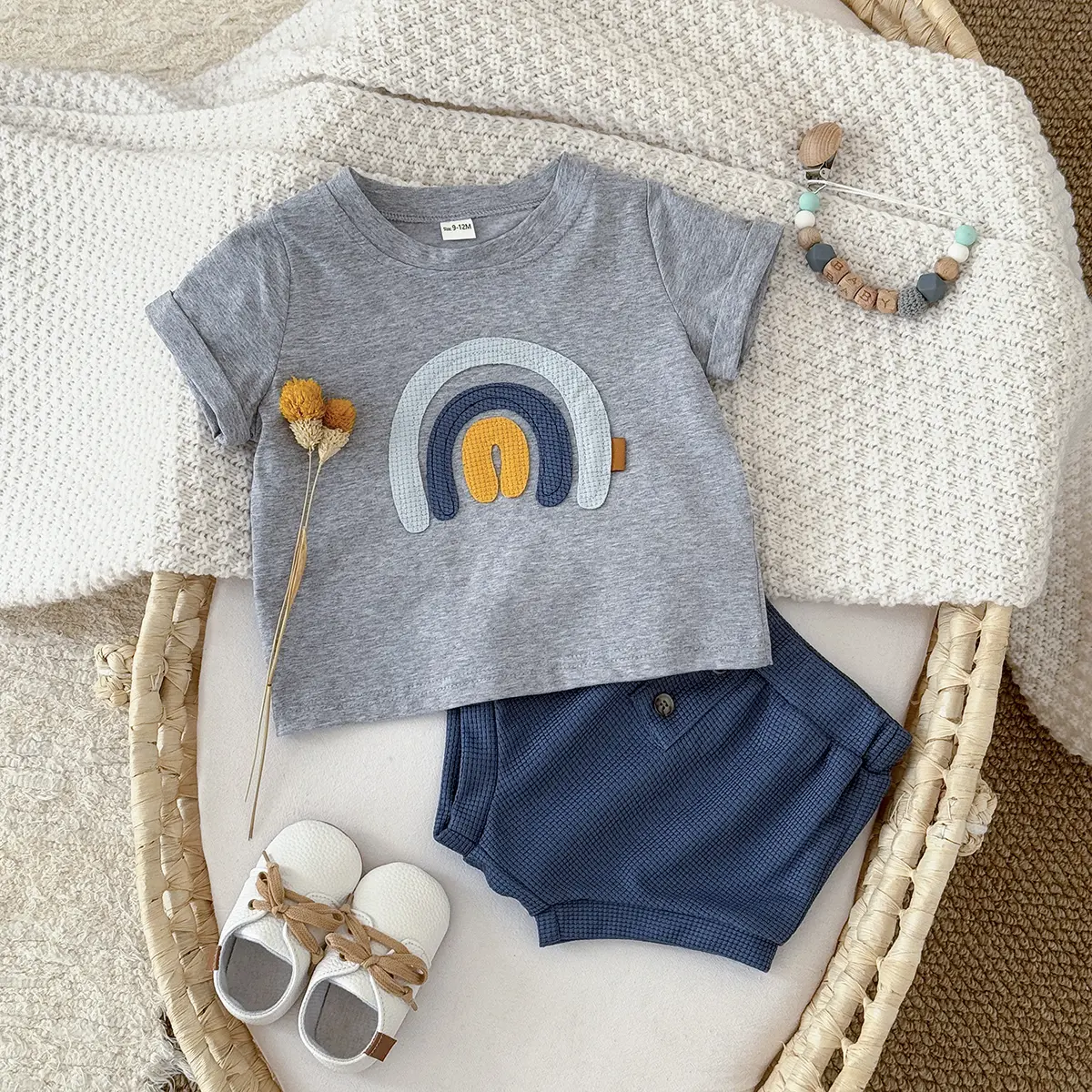 Summer 2025 6M-3Y New Short Sleeved T-shirt Set For Preschool Children  Rainbow Embroidered Cute Boys and Girls Set