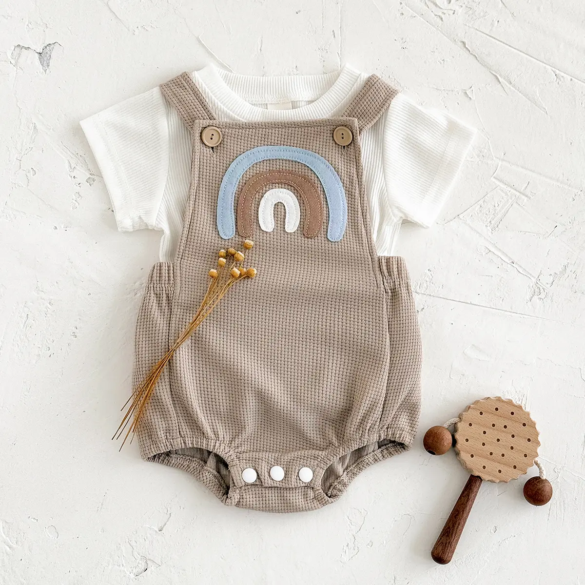 INS Summer Baby Girls Clothes Rainbow Patchwork Romper Baby Boys Bodysuit Clothes+White T-shirt Newborn 0 to 18 months 2Pcs/Set