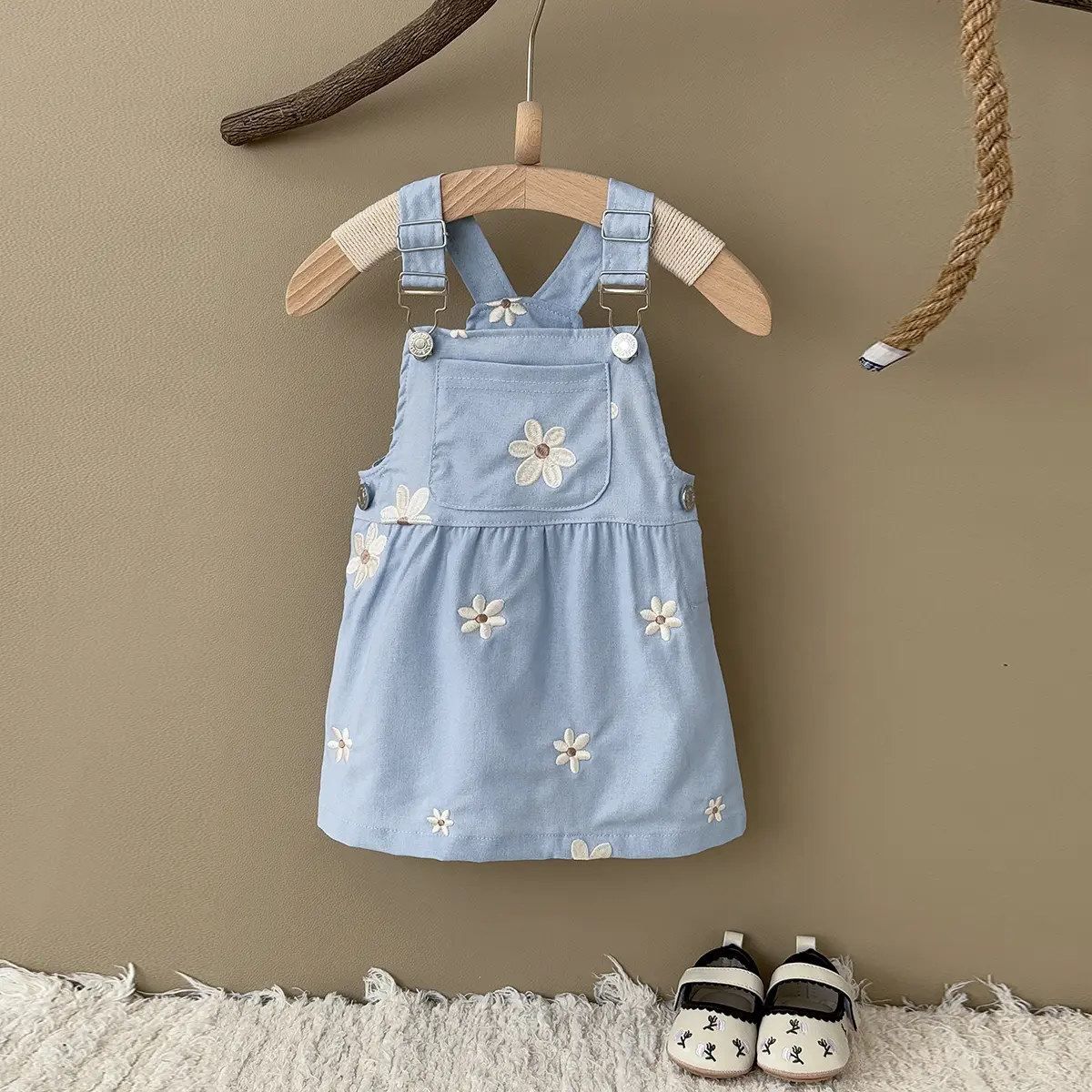 Toddler Infant Girls Denim Dresses Flowers Embroidery Strap Knee-Length Kids' Dresses One-piece 0-3 Years Overall Girl Clothes