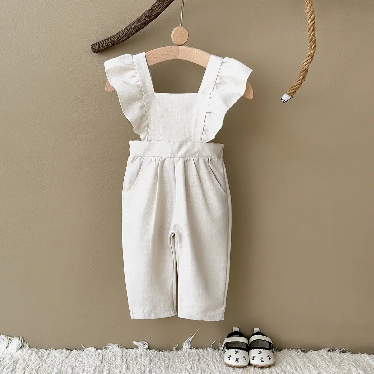 Summer baby clothing ruffled edges beige shoulder straps long pants comfortable casual clothing infants children going out